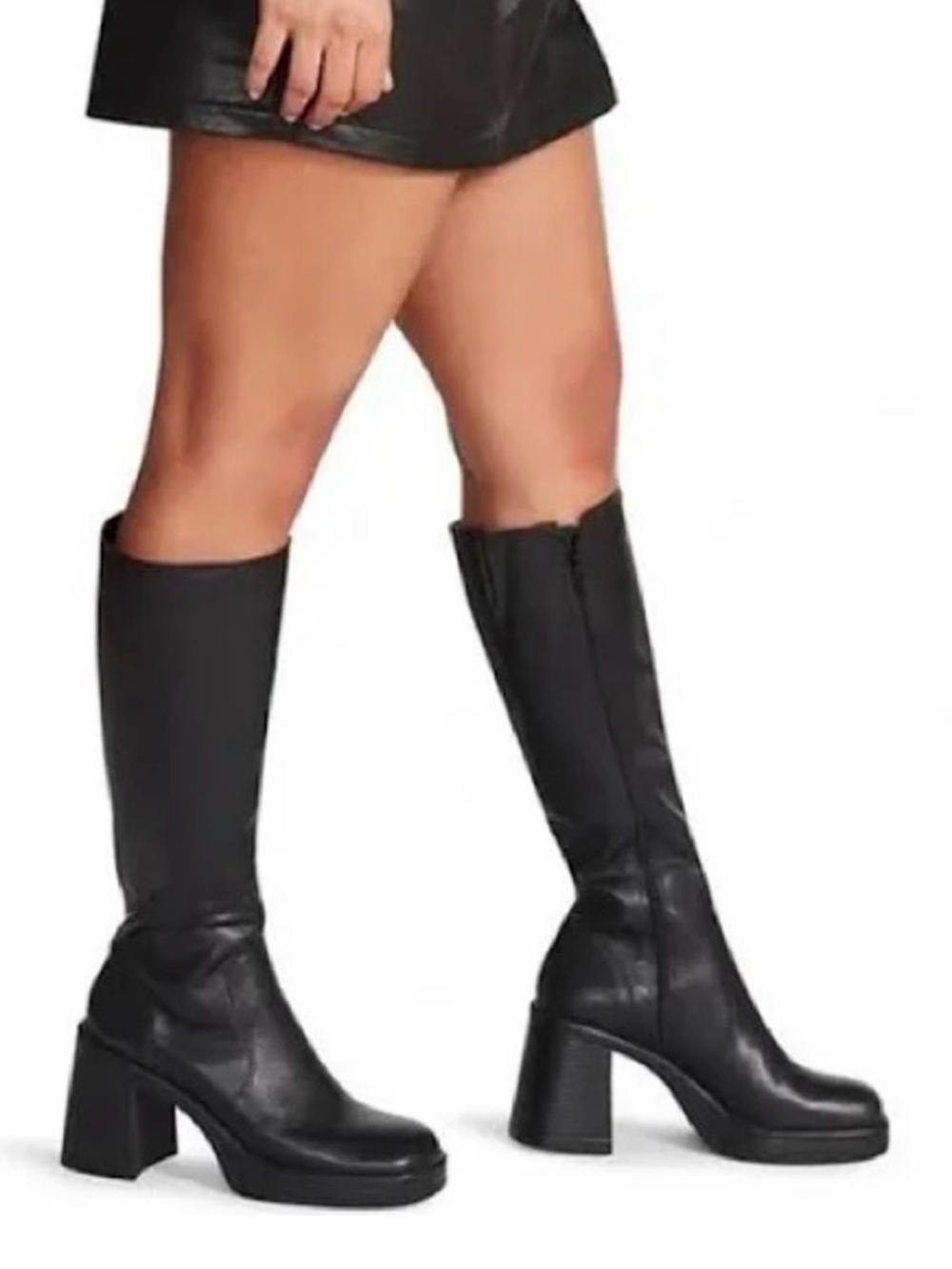 Steve Madden Fanatik Black Knee-High Block Heel Lug Boots - Picture 4 of 6